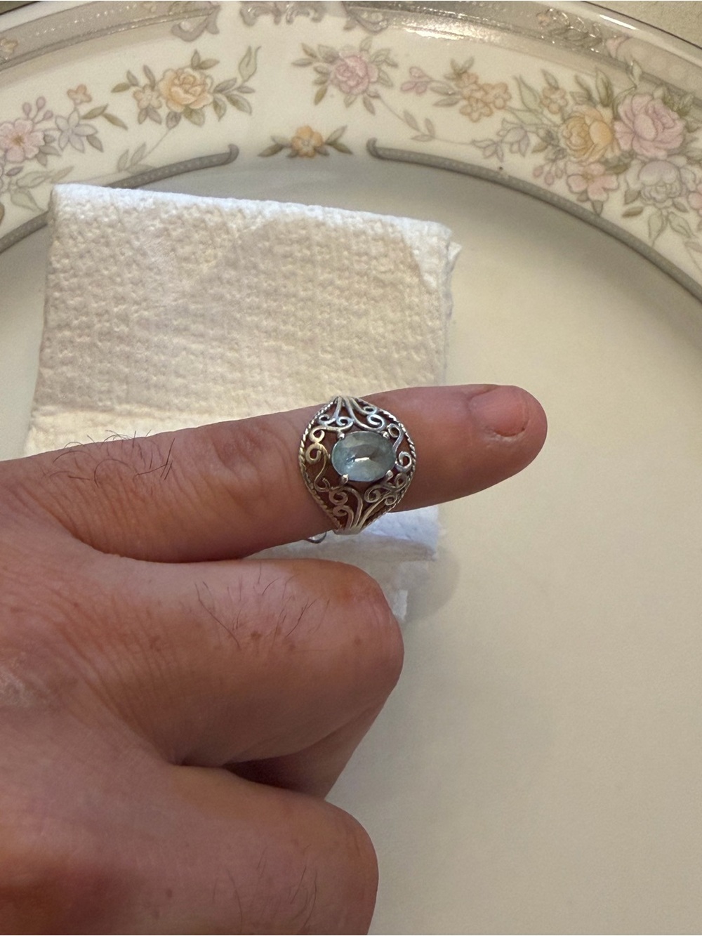 Sterling Silver Filigree Ring with Light Blue topaz Gemstone